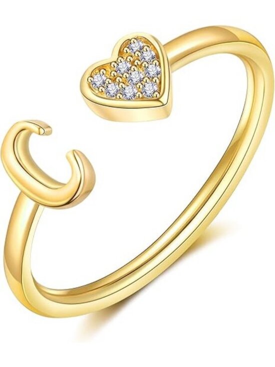 14K Solid Gold Heart Initial Ring: Rose Accent Letter C - Etsy Letter C Gold Heart Initial Ring Silver Rose Gold Plated Ring